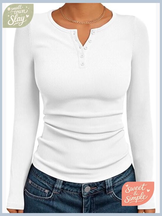 Tops - Long Sleeve Henley Thermal Top Fitted Ribbed Blouse Women's Casual Tee